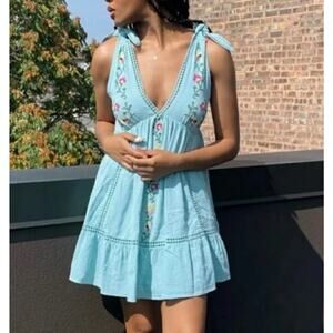 Urban Outfitters UO Forever Blue Tie Embroidered Baby Doll Smock Dress Size XS